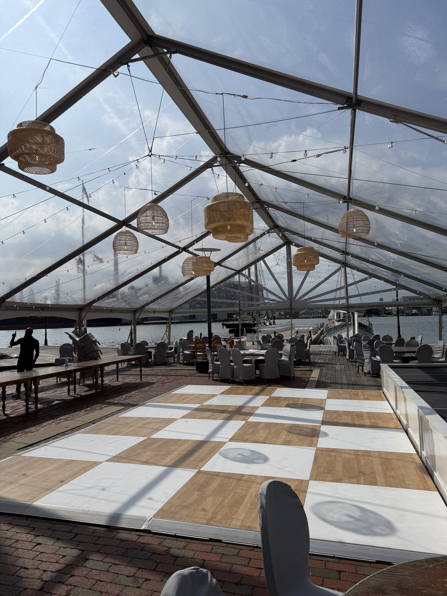 Checkerboard dance floor, harbor view
