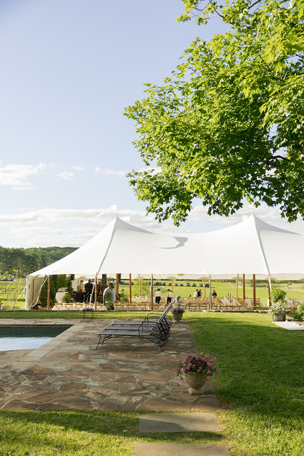 Wedding guests under a sailcloth tent at golden hour